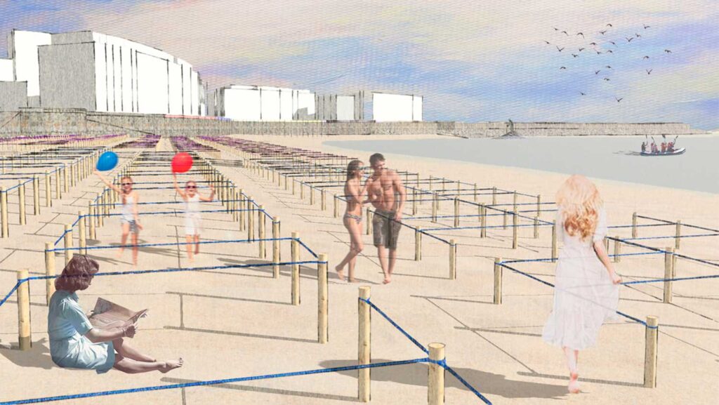 Infografía de las divisiones de la playa. Proyectos de arquitectura del estudio de EEG Arquitectos en Pontevedra.